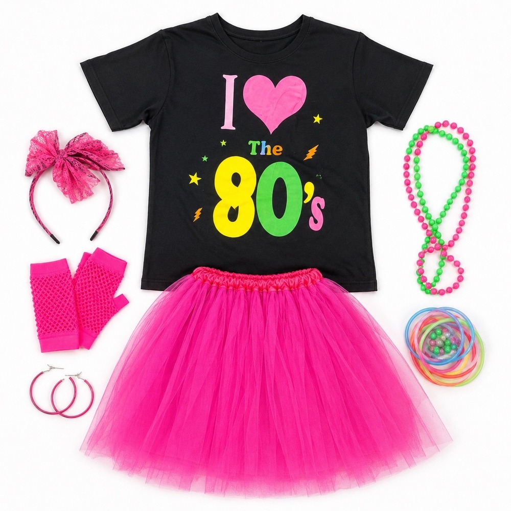 I Love The 80s Costume Set Neon Pink Tutu Graphic Tee Accessories Women Retro